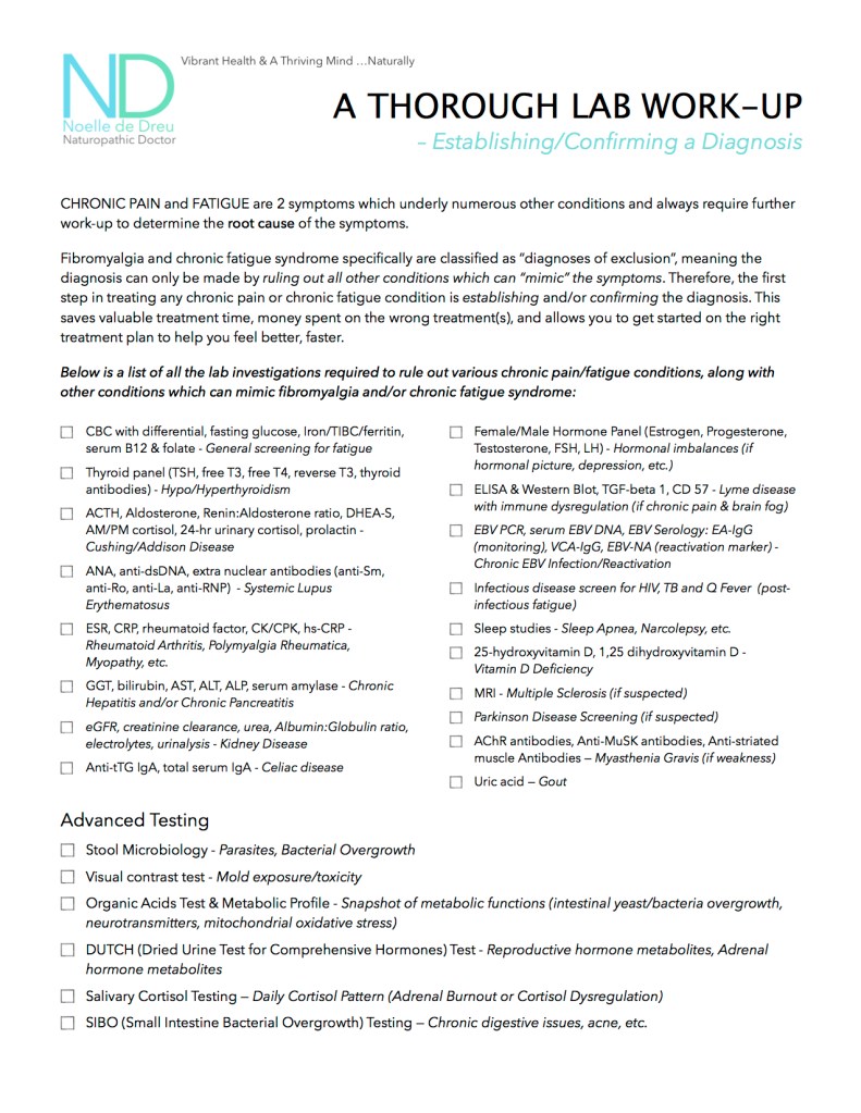 Lab investigations into the cause of chronic pain and/or chronic fatigue conditions